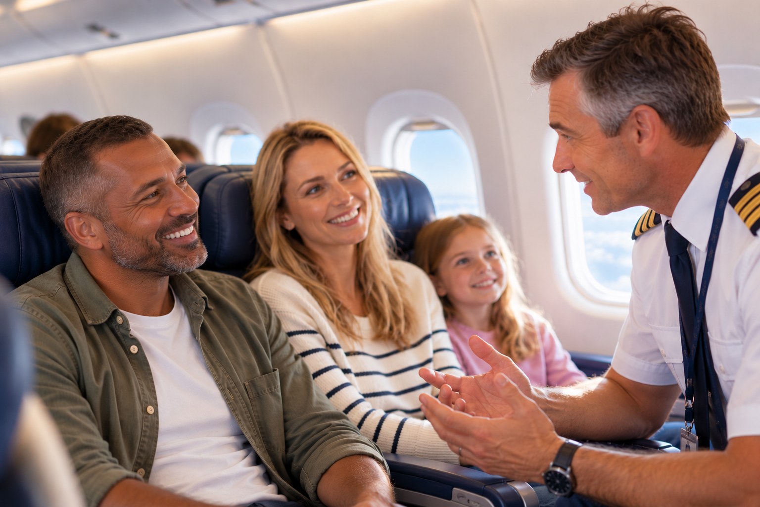 Airline pilot reassuring passengers inside an aircraft
